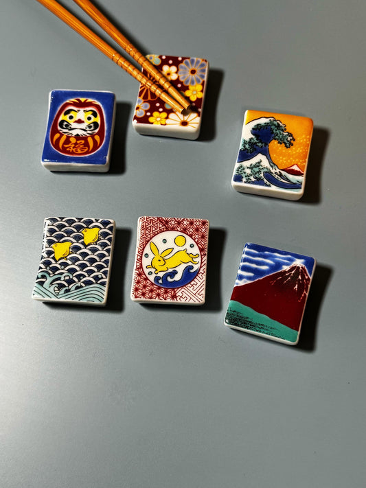 Beautiful set of 6 chopsticks holder, japanese art chopstick rest, mt. fiji chopstick holder, great wave chopstick rest, daruma paintbrush
