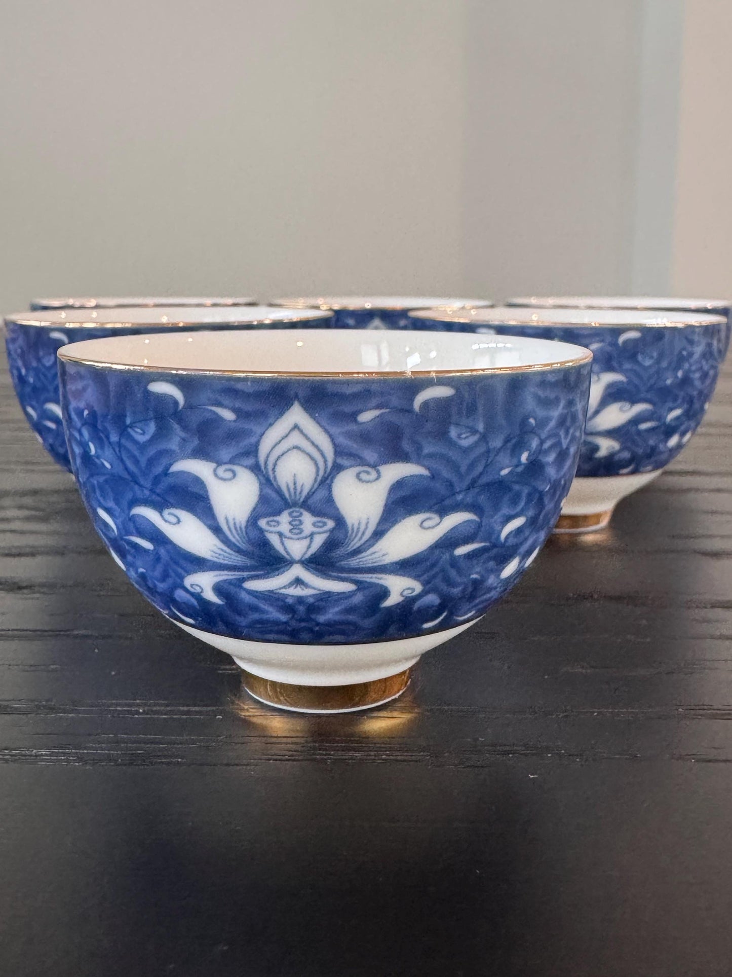 Chinese tea cup dehua white porcelain, 6 pcs blue lotus flower tea cups, gong fu tea cups, with gift box, kung fu cup tea cup blue and white