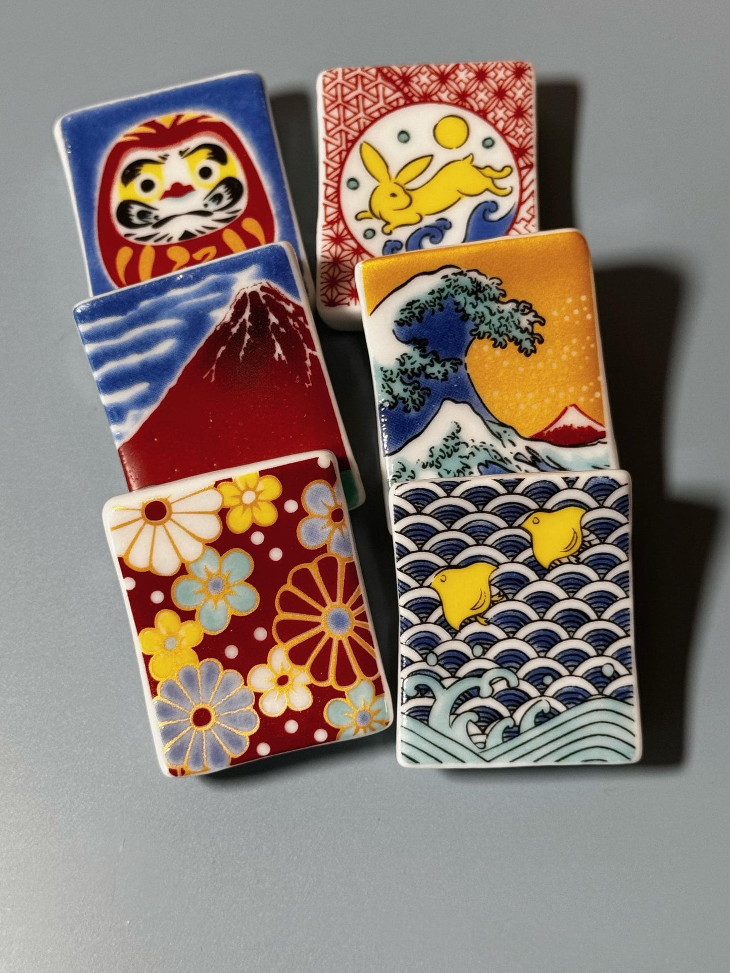 Beautiful set of 6 chopsticks holder, japanese art chopstick rest, mt. fiji chopstick holder, great wave chopstick rest, daruma paintbrush