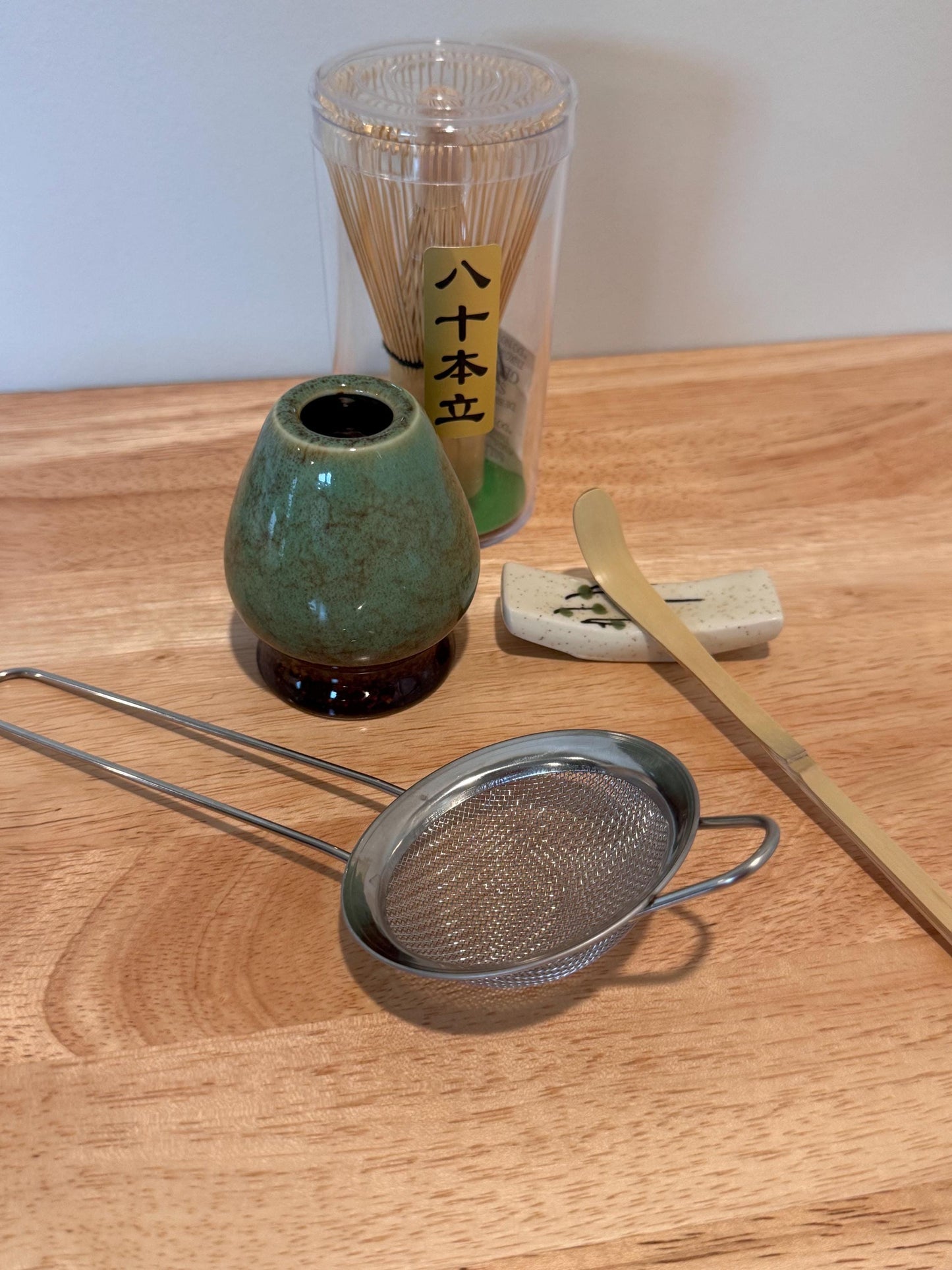 7 pcs rustic jade green color Matcha Set, Matcha bowl with spout, ceramic glazed matcha bowl, Japanese tea ceremony, Matcha whisk, Matcha