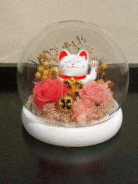 Fortune Neko Maneki cat glass dome decoration with preserved roses, waving arm lucky cat, Solar powered, Feng shui, Prosperity statue Money