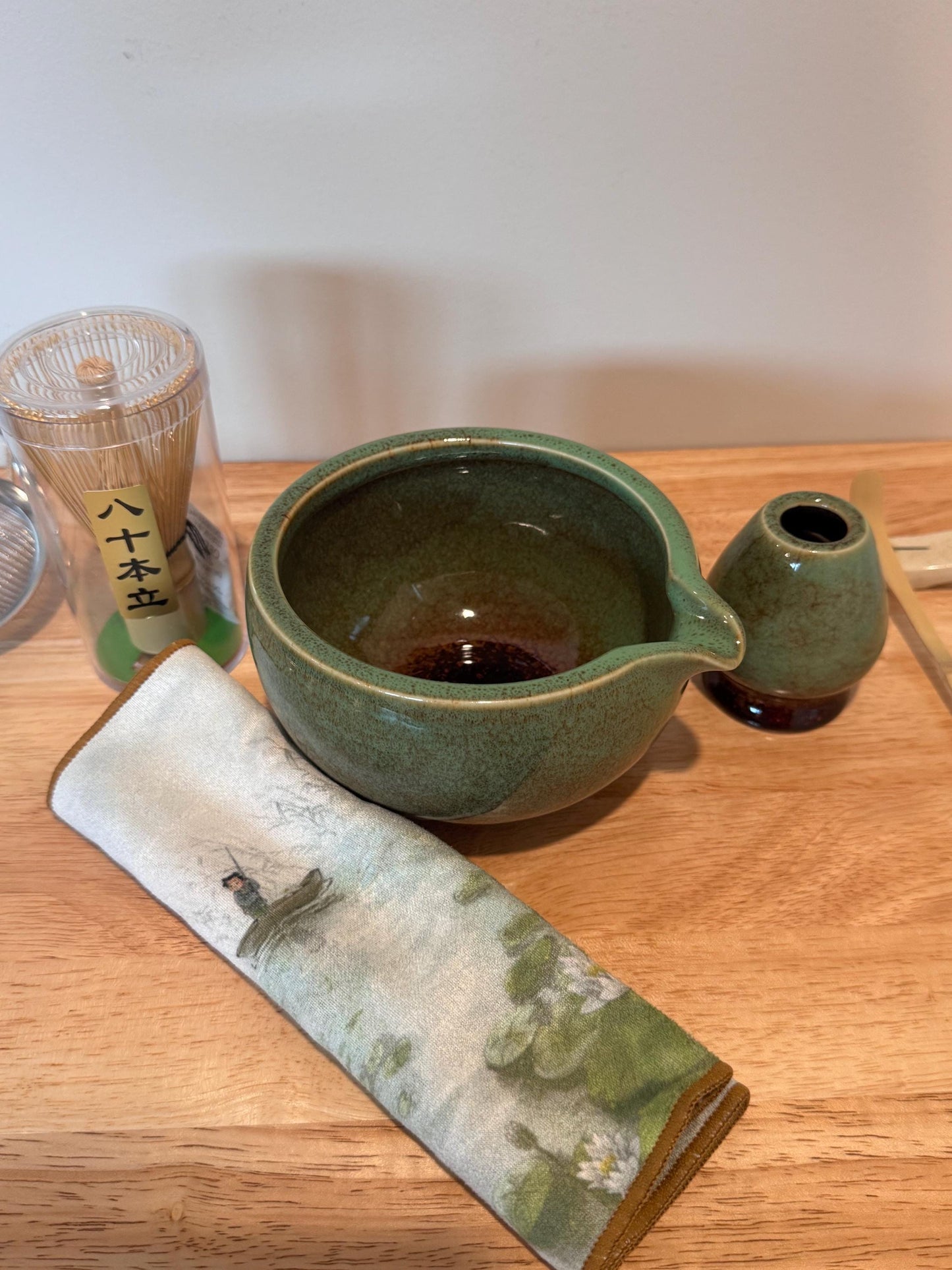 7 pcs rustic jade green color Matcha Set, Matcha bowl with spout, ceramic glazed matcha bowl, Japanese tea ceremony, Matcha whisk, Matcha