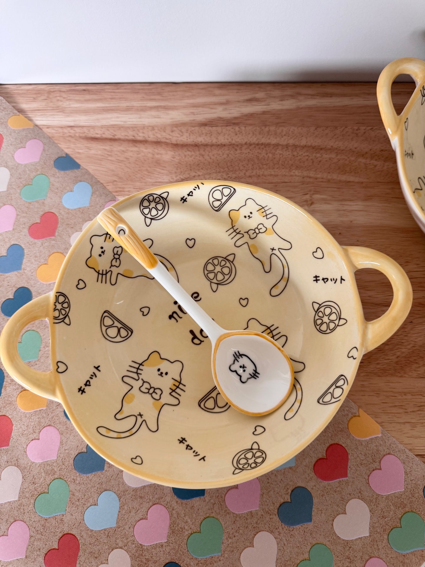 Kawaii yellow bowl with handles and spoon