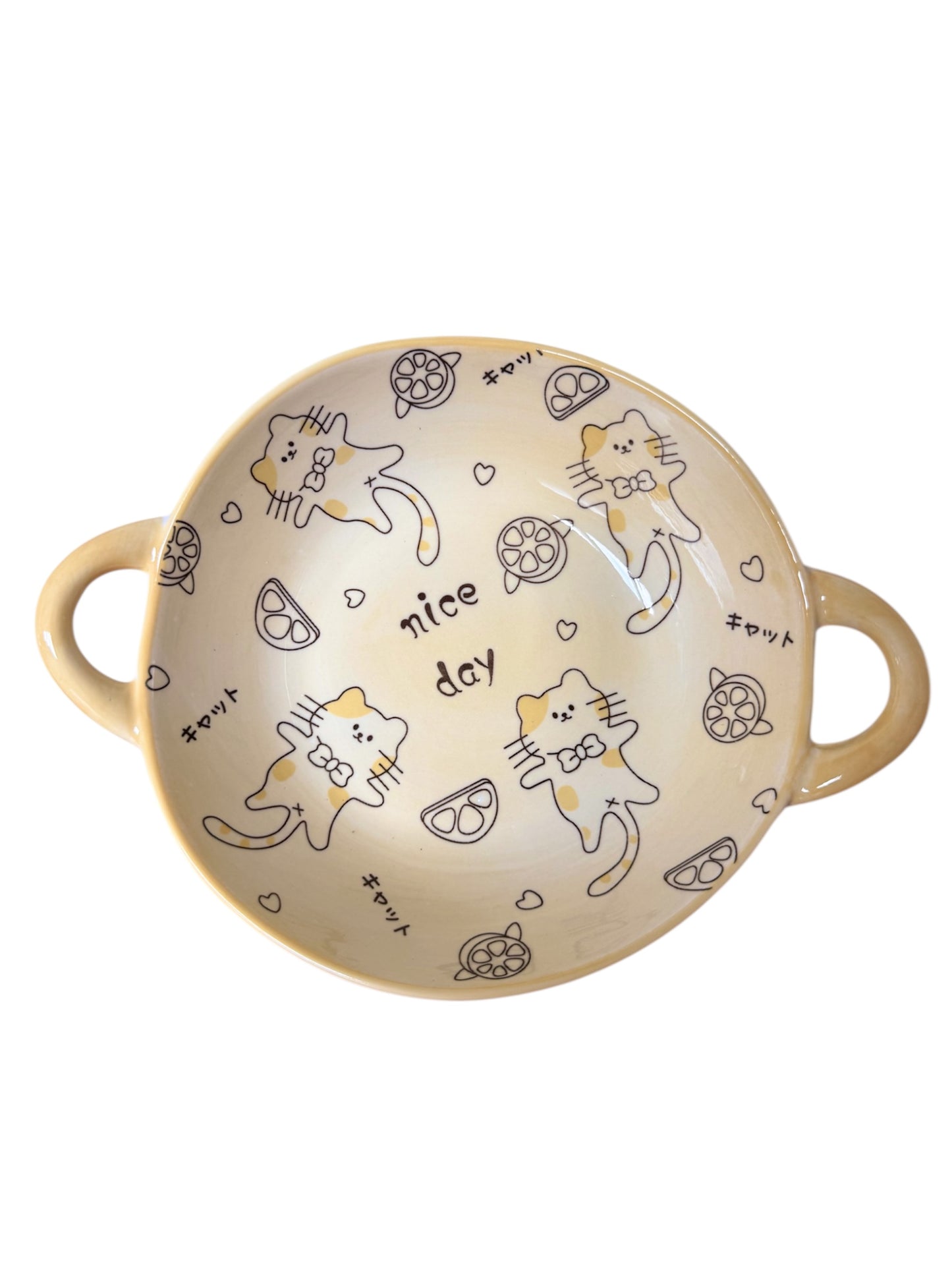Kawaii yellow bowl with handles and spoon