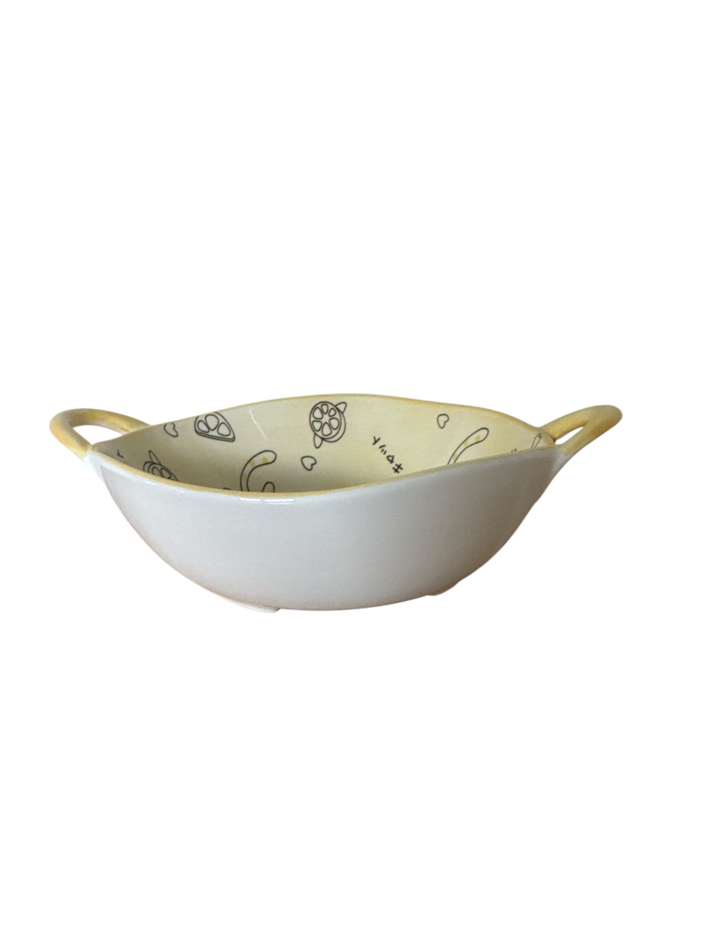 Kawaii yellow bowl with handles and spoon