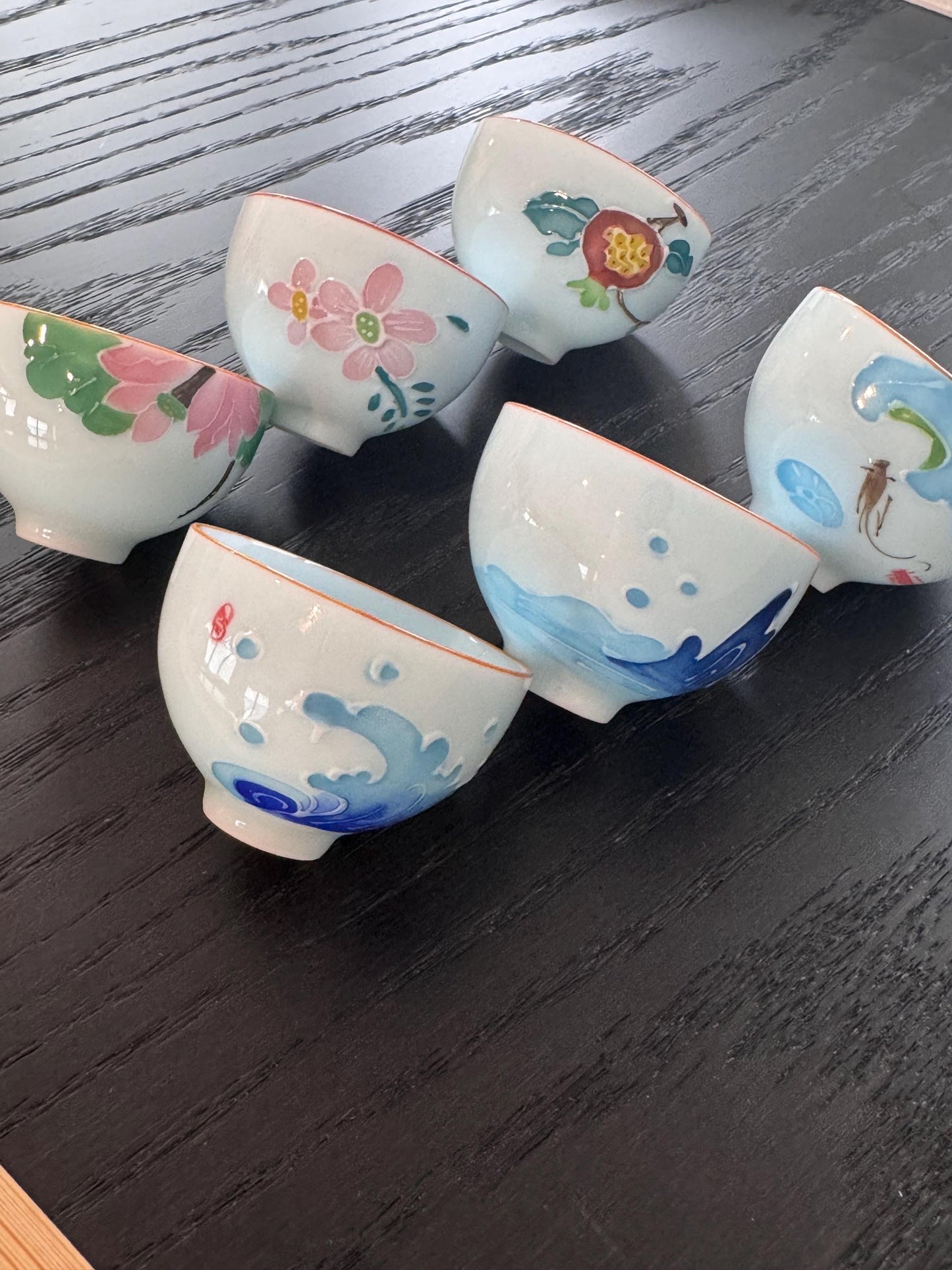 Chinese tea cup dehua clay, 6 pcs designs flower tea cups, gong fu tea cups, with gift box, kung fu cup tea cup, art tea cup