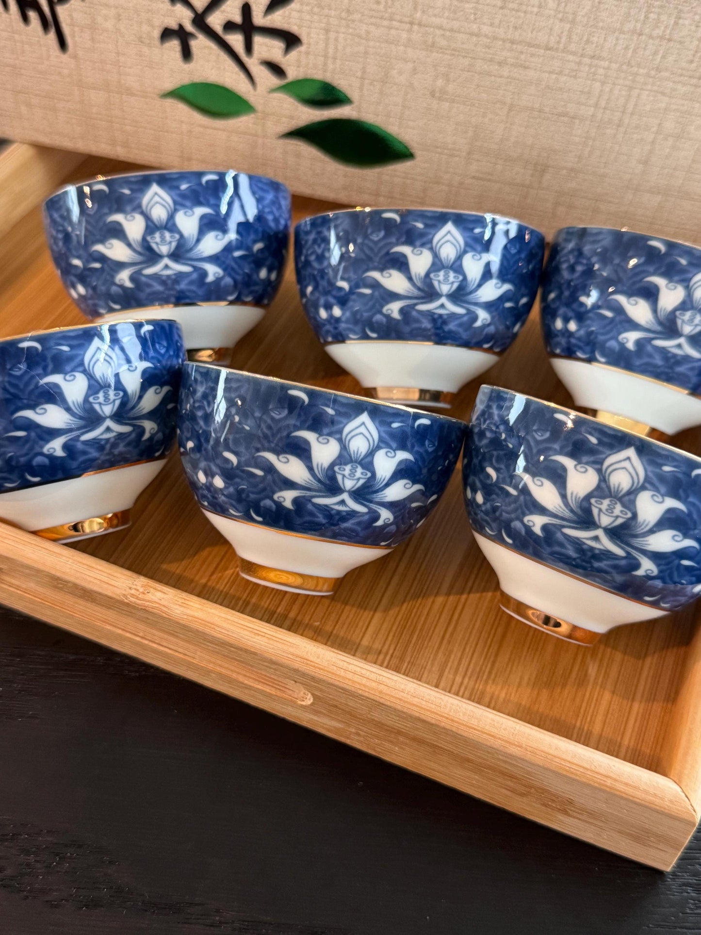 Chinese tea cup dehua white porcelain, 6 pcs blue lotus flower tea cups, gong fu tea cups, with gift box, kung fu cup tea cup blue and white