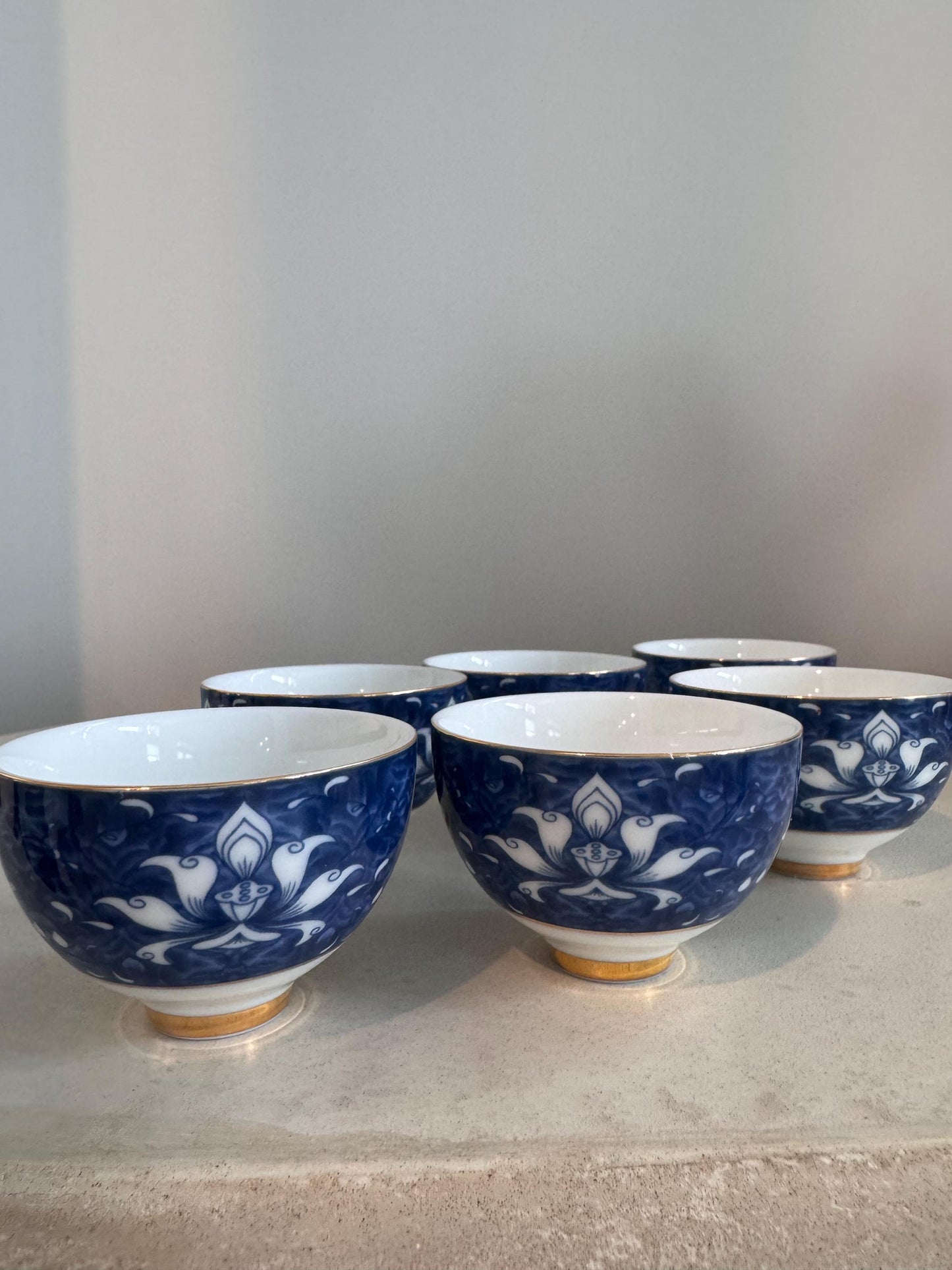 Chinese tea cup dehua white porcelain, 6 pcs blue lotus flower tea cups, gong fu tea cups, with gift box, kung fu cup tea cup blue and white