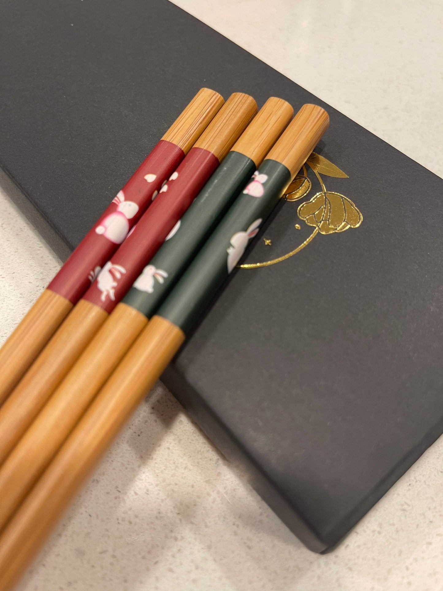 Wood chopsticks with bunny rest 2 pairs, year of the rabbit, Ceramic rabbit rest, chinese zodiac chopsticks, stocking stuffer, lotus leaves