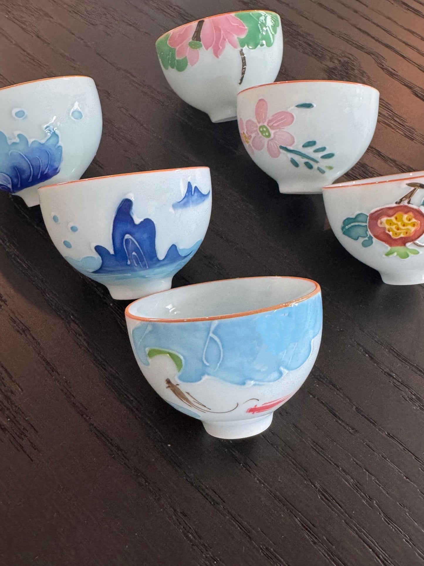 Chinese tea cup dehua clay, 6 pcs designs flower tea cups, gong fu tea cups, with gift box, kung fu cup tea cup, art tea cup