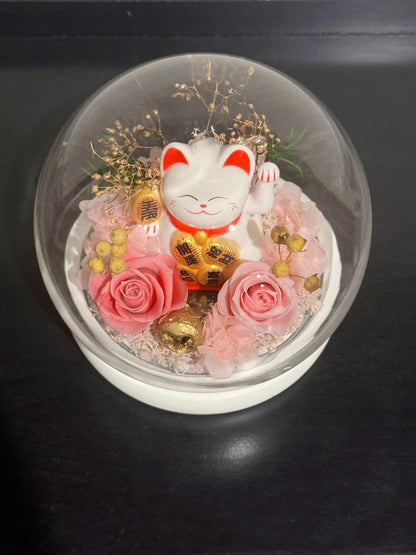 Fortune Neko Maneki cat glass dome decoration with preserved roses, waving arm lucky cat, Solar powered, Feng shui, Prosperity statue Money