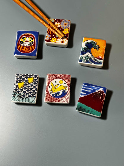 Beautiful set of 6 chopsticks holder, japanese art chopstick rest, mt. fiji chopstick holder, great wave chopstick rest, daruma paintbrush