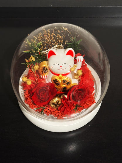 Fortune Neko Maneki cat glass dome decoration with preserved roses, waving arm lucky cat, Solar powered, Feng shui, Prosperity statue Money