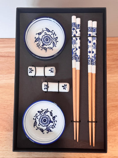 Chopsticks with blue art rest 2 pairs, Husband/Wife chopsticks gift set, Ceramic blue china rests, sauce bowl, dipping sauce bowl, ultimate