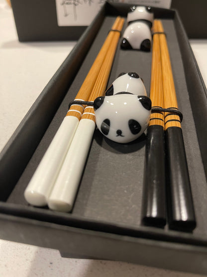 Wood chopsticks with panda rest 2 pairs, Husband/Wife chopsticks gift set, Ceramic panda rest, Japanese chopsticks, Reusable chopsticks gift