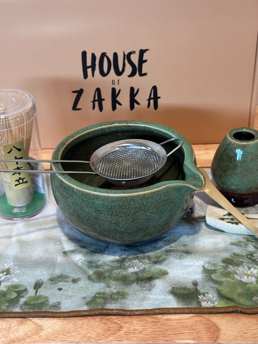 7 pcs rustic jade green color Matcha Set, Matcha bowl with spout, ceramic glazed matcha bowl, Japanese tea ceremony, Matcha whisk, Matcha