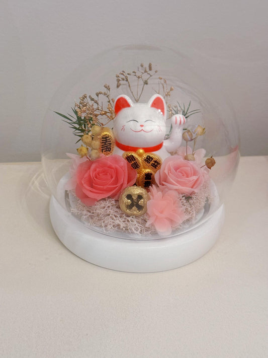 Fortune Neko Maneki cat glass dome decoration with preserved roses, waving arm lucky cat, Solar powered, Feng shui, Prosperity statue Money