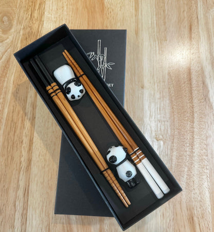 Wood chopsticks with panda rest 2 pairs, Husband/Wife chopsticks gift set, Ceramic panda rest, Japanese chopsticks, Reusable chopsticks gift