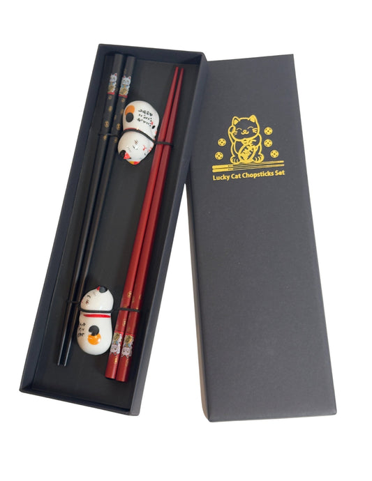 Wood chopsticks with cat rest 2 pairs