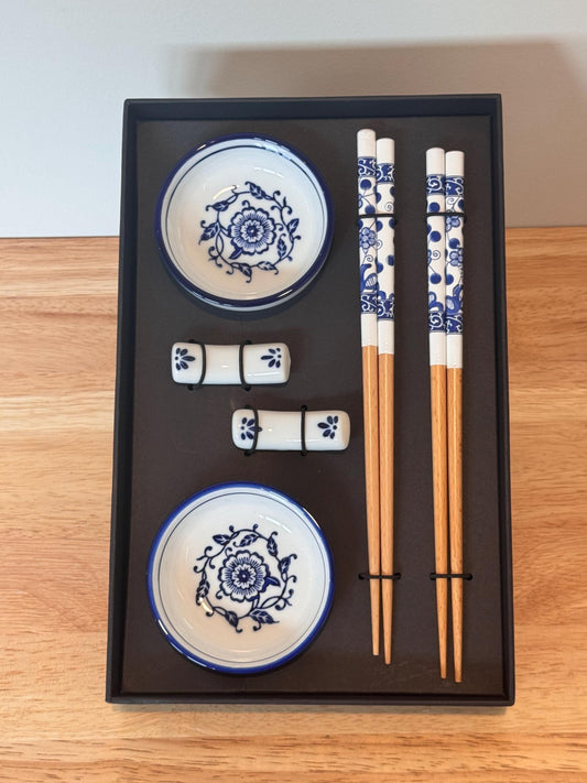 Chopsticks with blue art rest 2 pairs, Husband/Wife chopsticks gift set, Ceramic blue china rests, sauce bowl, dipping sauce bowl, ultimate