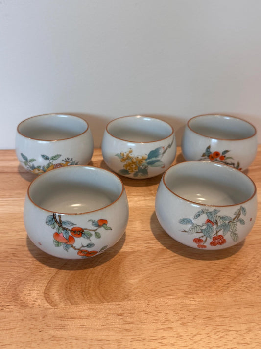 5 pcs chinese ru kiln tea cups, gong fu tea cups, with gift box, kung fu cup tea cup, ceramic tea cups, beautiful fruit design tea cups, cha