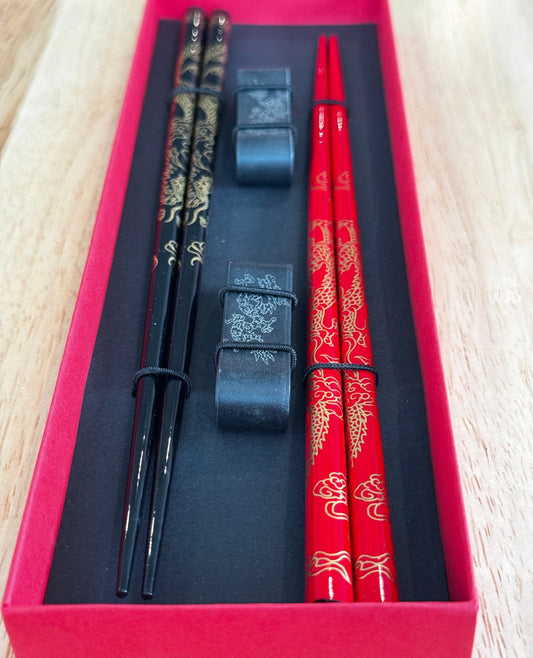Dragon chopsticks with melamine rest 2 pairs