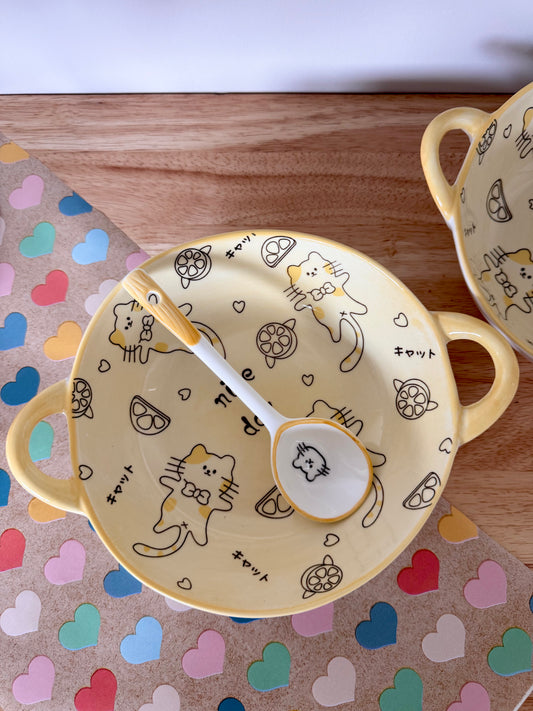 Kawaii yellow bowl with handles and spoon