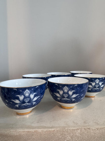 Chinese tea cup dehua white porcelain, 6 pcs blue lotus flower tea cups, gong fu tea cups, with gift box, kung fu cup tea cup blue and white