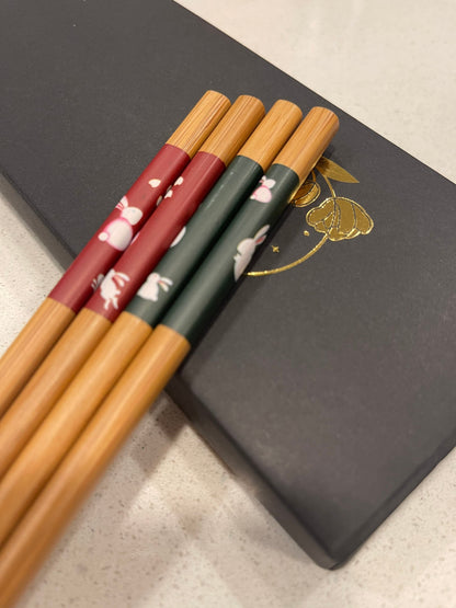 Wood chopsticks with bunny rest 2 pairs, year of the rabbit, Ceramic rabbit rest, chinese zodiac chopsticks, stocking stuffer, lotus leaves