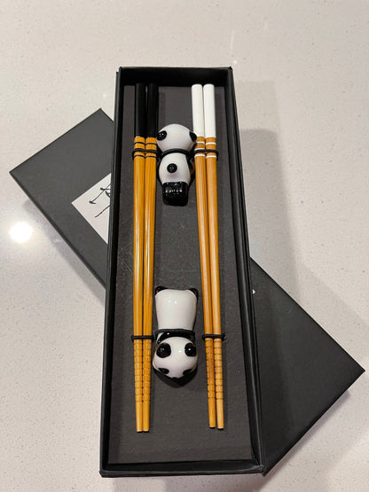 Wood chopsticks with panda rest 2 pairs, Husband/Wife chopsticks gift set, Ceramic panda rest, Japanese chopsticks, Reusable chopsticks gift