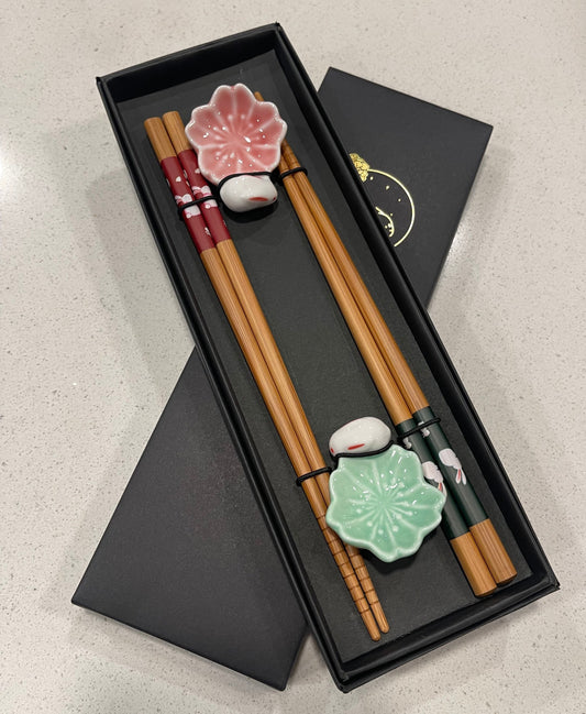 Wood chopsticks with bunny rest 2 pairs, year of the rabbit, Ceramic rabbit rest, chinese zodiac chopsticks, stocking stuffer, lotus leaves