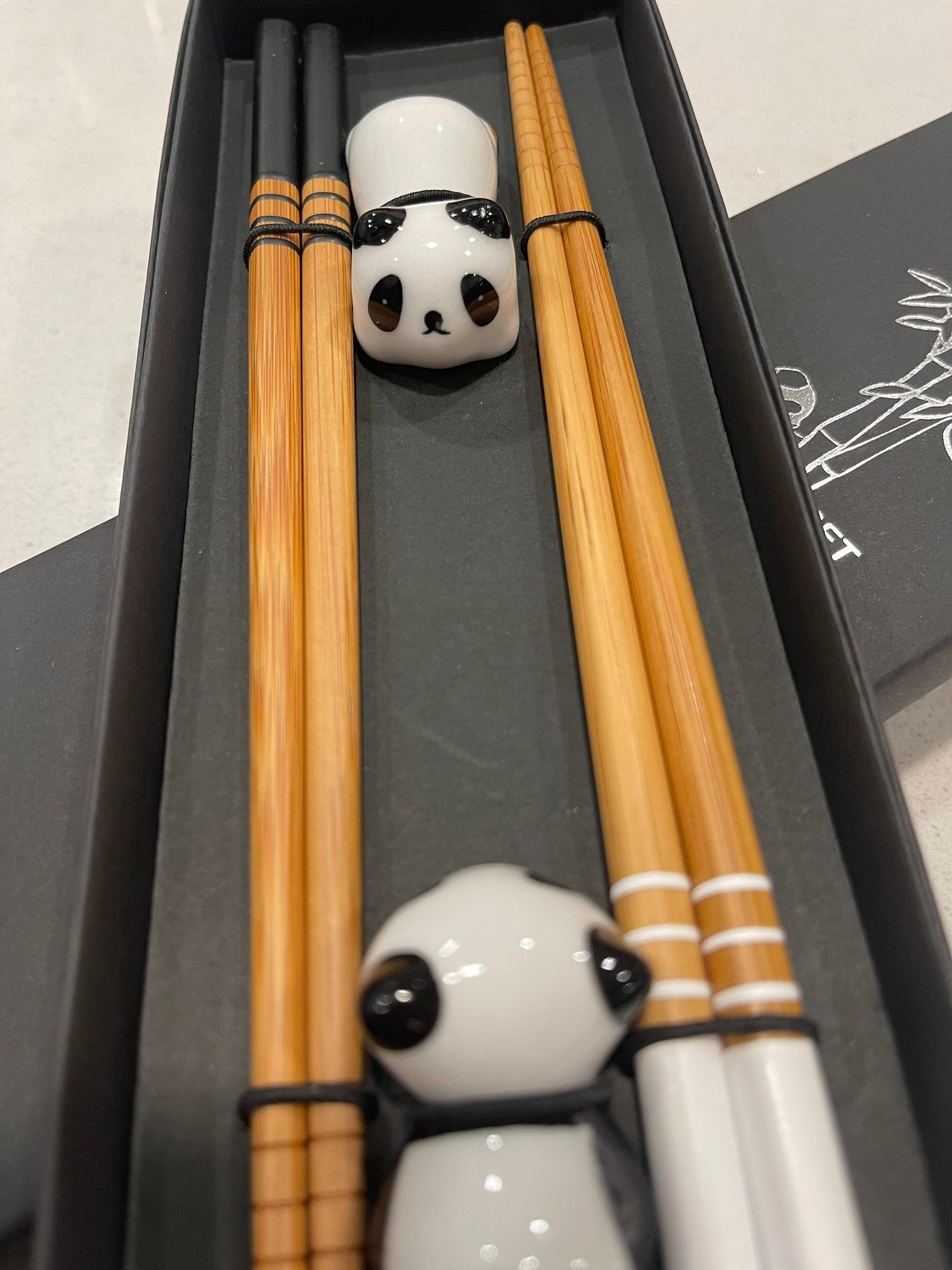 Wood chopsticks with panda rest 2 pairs, Husband/Wife chopsticks gift set, Ceramic panda rest, Japanese chopsticks, Reusable chopsticks gift
